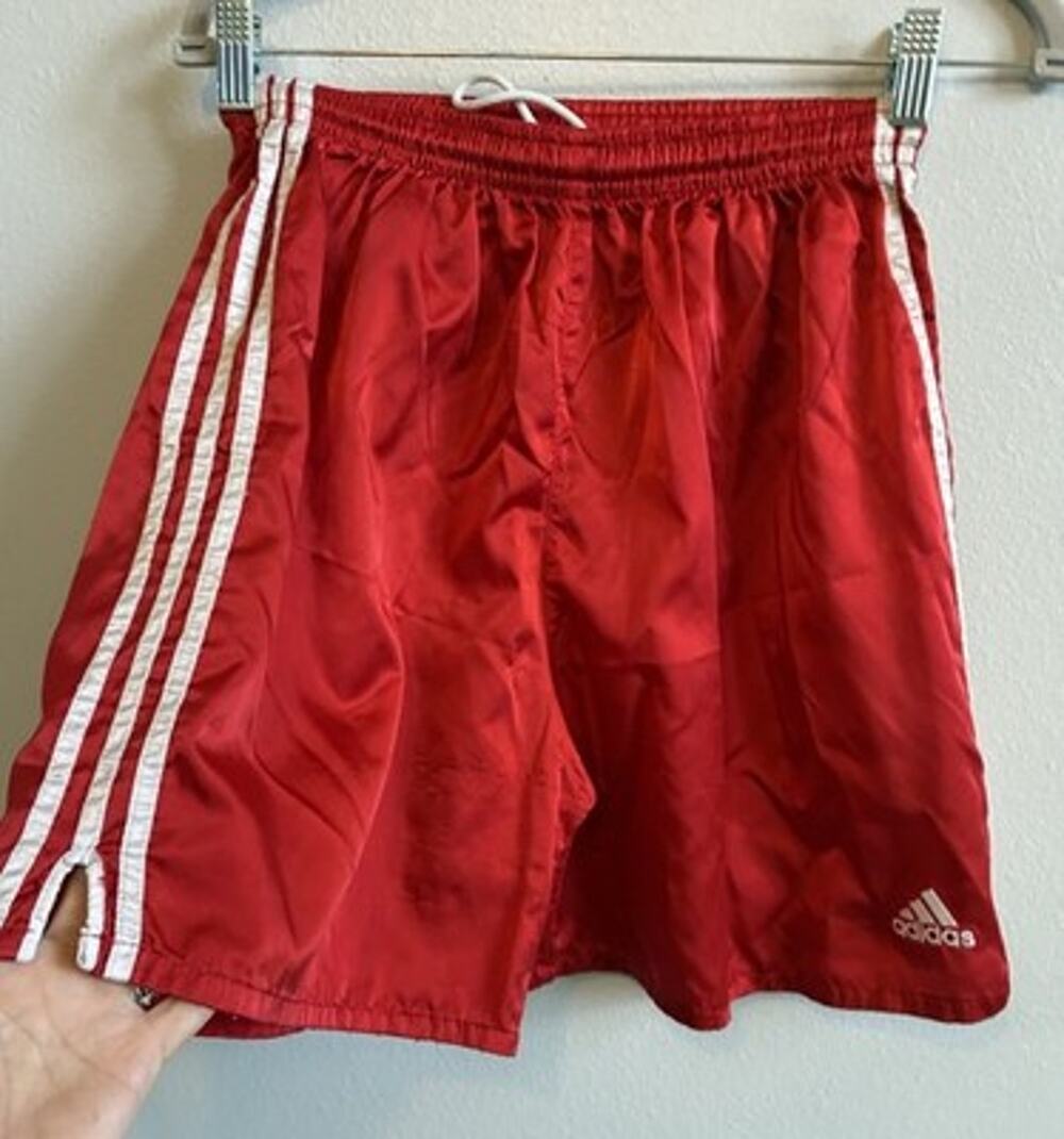 VTG Adidas Trefoil Soccer Shorts Men’s M Red Satin Three Stripe 90s Retro Shiny